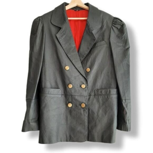 VINTAGE Genuine Leather Jacket Blazer Pleated Shoulders Sz M | Eur 38 - Picture 1 of 16